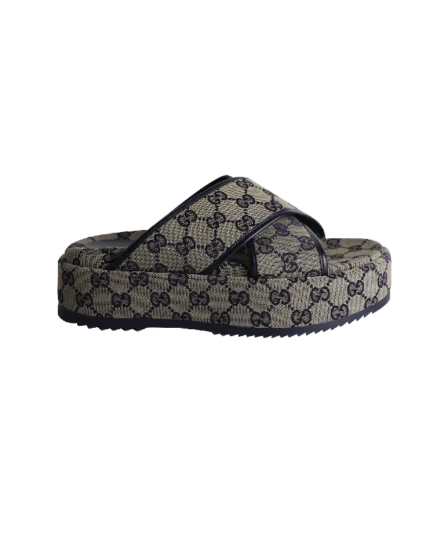 Price Rollback Gucci Cross Strap Angelina Platform Slides in Beige Canvas